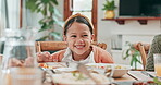 Girl, laughing and family at table for lunch with for bonding in home with happiness in top view. Grandfather, selfie and supper with parents or children with food for dinner together for memories.
