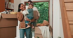 Moving, sale and new house with family at front door for future, investment and real estate. Cardboard boxes, happy and smile with parents and baby in home for mortgage, property and growth
