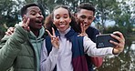 Peace sign, camping and friends selfie with a smile and hug outdoor with freedom and adventure in nature. Phone, young people and picture for vacation in a forest and lake with smile for social media