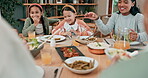 Family, kids and eating food at table, lunch meal and social gathering of thanksgiving holiday at home. Happy group of people, children and dinner celebration for reunion party, relax and dining room