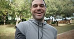 Hands, talking and face of a man in a park for greeting, help and hello while running. Happy, speaking and athlete with support for a person, handshake or conversation during a workout in nature