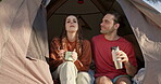 Couple, tent and camping with coffee in portrait for adventure on vacation in nature. Hikers, happy and man or woman with caffeine for bonding in outdoor or quality time for travel with love or hug.