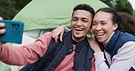 Couple, selfie and woods for camping outdoor, hug and comic laughing by tent for post on web blog. Man, woman and photography for memory, profile picture or meme video to update on social network app