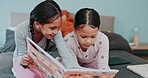 Sisters, children and book for reading on bed, teaching or education for helping hand, care and love in family home. Girl child, siblings and learning for literacy, language and focus for life skills