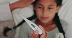 Thermometer, fever and parent with child in bed for health, virus or infection symptoms at home. Family, childcare and hands of mother with girl in bedroom to check temperature for cold, sick and flu