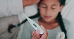 Thermometer, sick and parent with child in bed for health, virus or infection symptoms at home. Family, childcare and hands of mother with girl in bedroom to check temperature for cold, fever and flu