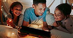 Kids, tablet and a father with his girls in a bedroom tent together, reading a story online or browsing social media. Children, technology and funny with a family laughing at a meme or internet joke