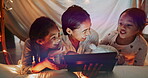 Children, tablet and mother with her girls in a bedroom tent together, reading a story online or browsing social media. Kids, technology and funny with a family laughing at a meme or internet joke
