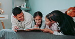 Parents, kids and books in bedroom, reading and literacy for learning, childhood development and family fun. Mom, dad and storytelling with happy girl children for quality time, love and care in home