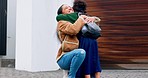 Arrive home, student daughter hugging her happy mother outdoor after school education or learning for child development. Family, love and a girl kid running to greet her parent at the door of a house