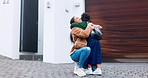 Arrive home, student girl hugging her happy mother outdoor after school education or learning for child development. Family, love and a female kid running to greet her parent at the door of a house