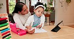 Mom, girl child and learning for counting, assessment or help for math homework at desk in family home. Education, mother and daughter with hands, numbers or paper for test, development and teaching