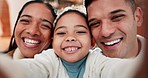 Girl child, parents and selfie with face, smile or together for post, blog or update on social media in family home. Dad, mother and daughter for memory, photography or profile picture for portrait