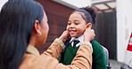 Mom, girl and first day of school, ready and excited smile with uniform, helping hand or care for motivation. Family house, mother and daughter in clothes for kids college, academy or start education