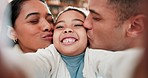 Girl, parents and selfie with kiss on face, smile or together for post, blog or update on social media in family home. Dad, mother and daughter for memory, photography or profile picture for portrait