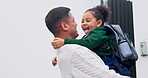 Arrive home, student girl hugging her dad outdoor after school education or learning for child development. Family, running and a happy female kid running to greet her parent at the door of a house