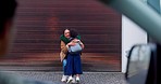 Arrive home, girl student hugging her mother outdoor after school education or learning for child development. Family, love and a happy female kid running to greet her parent at the door of a house