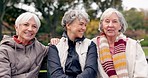 Senior, women and friends laugh in park with face and retirement smile in a garden. Nature, portrait and hug with elderly female people on vacation in woods feeling happy from bonding and freedom