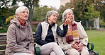 Senior, women and friends pointing in park with view and retirement smile in a garden. Nature, holiday and conversation with elderly female people on vacation feeling happy from bonding and freedom