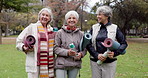 Old women, friends and yoga in the park, fitness and smile in portrait, health and retirement together. Female people in nature, exercise mat and pilates class with pension, community and wellness