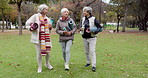 Senior friends, walking and talking with yoga mats in the park to relax in nature with elderly women in retirement. People, happy conversation and healthy outdoor exercise or pilates in winter