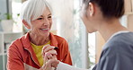 High five, happy and a senior woman with a doctor for rehabilitation success and healthcare support. Smile, celebration and an elderly patient with a medical employee and gesture for therapy progress