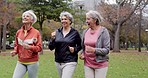 Senior women, walking and friends with fitness, wellness and workout for health in retirement. Park, exercise and elderly female group with motivation and power walk for cardio outdoor together