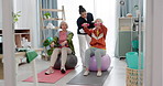 Senior people, fitness class and coach with tablet, ball and dumbbell for muscle health support or balance. Exercise, training and workout woman and personal trainer in pilates class helping clients