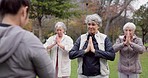 Trainer, park and elderly women stretching, yoga and fitness for wellness, exercise and retirement. Female people, senior club and group outdoor, meditation and workout with progress and self care