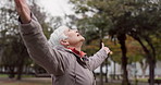 Freedom, nature and elderly woman breathing on vacation, holiday journey and winter travel. Park, fresh air and senior person outdoor for peace, calm and celebration for health, wellness and relax.