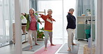 Home, yoga and elderly women stretching, fitness and retirement with activity, exercise and wellness. Senior club, female people and healthy group with workout, stretch and pilates training with care