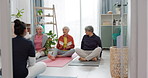 Senior women, start yoga and coach talking of health, wellness and spiritual training, support and exercise ideas. Workout, pilates class and elderly people, clients and personal trainer for planning