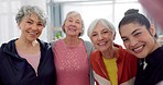 Gym selfie, face and coach with women for fitness, yoga workout or happy with exercise class. Smile, team and portrait of a training person taking a photo with senior friends for wellness and sport