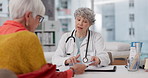 Senior woman, doctor and consulting patient with pamphlet for information, quotation or service at hospital. Mature medical professional talking and explaining healthcare advice or life insurance