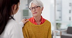 Healthcare, shoulder pain and a woman patient with her doctor in a hospital, talking during a consultation. Medical, insurance or anatomy and a female person in a clinic with a medicine professional