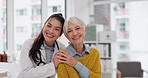 Happy, hug and face of a doctor with a woman for medical trust, healthcare and help. Laughing, care and portrait of a young nurse with a senior patient and love during a consultation at a clinic