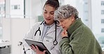 Results, tablet or doctor with senior patient in consultation for healthcare advice or checkup at hospital. News, online or medical worker talking to elderly woman in meeting appointment for medicare