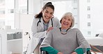 Face, laughing or doctor with senior patient in consultation for healthcare nursing or checkup in hospital clinic. Portrait, hug or happy nurse smiling with a funny old woman in medical appointment