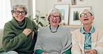 Happy, sofa and senior women with glasses for vision, wow and reaction together. Excited, surprise and face portrait of elderly friends with eyewear on the living room couch for looking in retirement