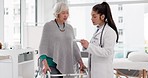 Walker, medicine or doctor with a senior patient in consultation for healthcare advice at hospital. Prescription, pills or medical worker talking to old woman with a disability for rehabilitation