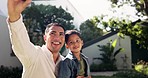 Family, father and son outdoor, selfie and happiness with quality time, bonding and loving together. Social media, dad and male child with joy, backyard and profile picture with a smile and playful