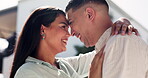 Smile, couple and forehead touch outdoor for love, affection or bonding together. Man, happy woman and romantic moment in trust, support or commitment in marriage for loyalty, partnership or intimate