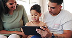 Tablet, family and learning on a sofa in home living room, bonding together and streaming movie, online video or film. Mother, father and happy child with technology on couch for internet, web or app