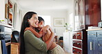 Mother, hug and child smile in home, bonding and having fun time together in house. Happy, kid and mom embrace young boy for love, care and trust, support or family affection, excited and relax 