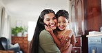 Happy mother, hug and face of child in home, bonding and having fun time together in house. Smile, kid and mom embrace boy in portrait for love, care and trust, support or family affection with mama