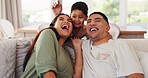 Happy family, sofa and boy child surprise hug, laugh and bond in their home together. Love, playing and kid with parents in a living room with fun, games and enjoying the weekend in their house