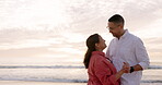 Love, hug and space with couple at beach for romance, vacation and relax on mockup. Happy, travel holiday and support with man and woman on date at sunset for marriage, happiness and peace together