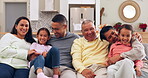 Children, parents and grandparents laughing on a sofa in the living room together during a visit for bonding. Portrait, smile or funny kids with family to relax in the home for love, trust or humor