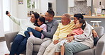 Family selfie, grandparents and children on sofa for social media, happy memory and relax together at home. Emoji, funny and senior people, mother and father with kids in profile picture photography