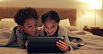 Children, watching and video on tablet on bed in home for entertainment or comedy. Kid, sibling and together with tech for streaming a movie with online app or gaming in bedroom for bond with smile.